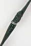 Dark green alligator-grain leather watch strap with green contrast stitching and a polished stainless steel buckle, displayed on a white background.