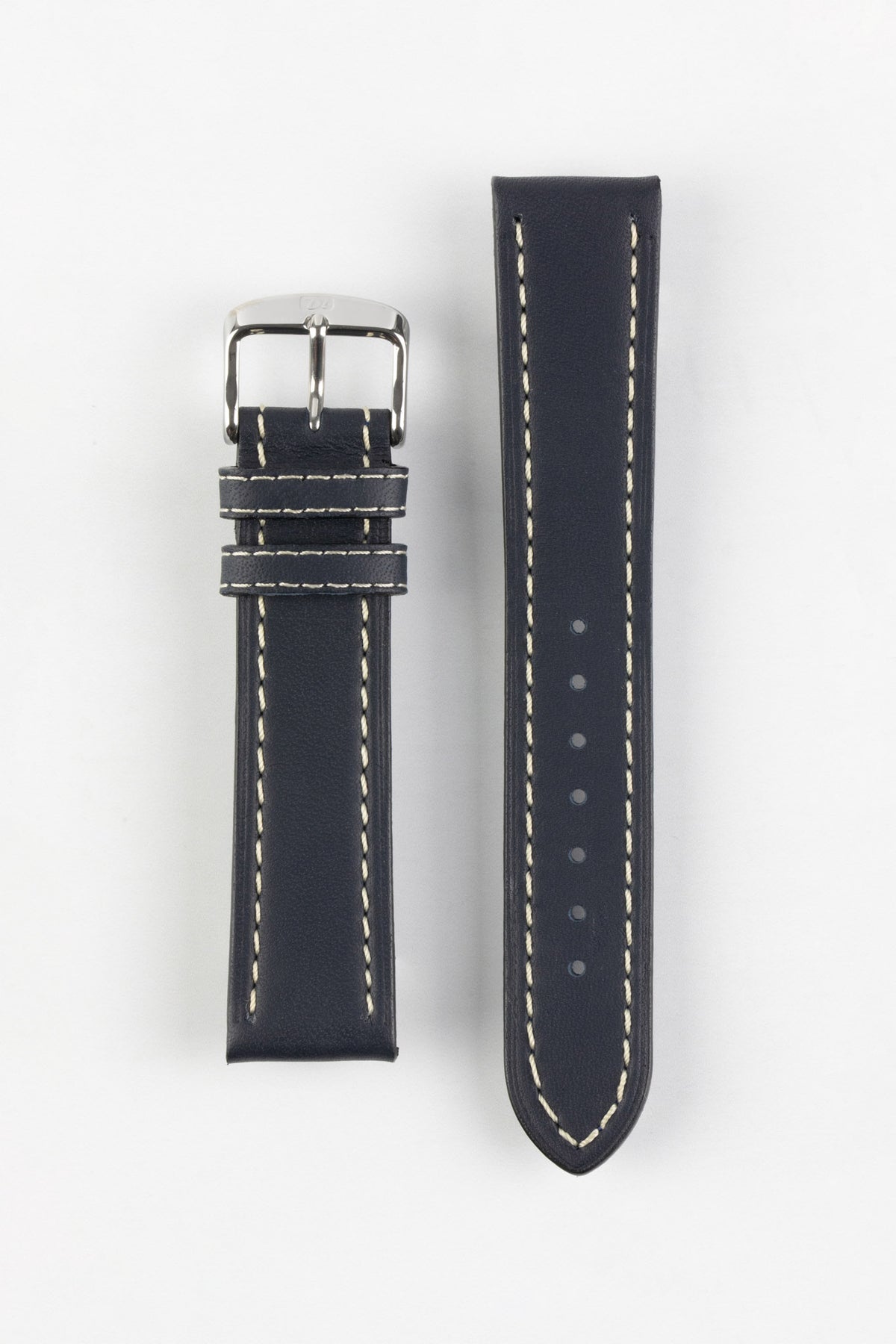 Navy blue leather watch strap with cream contrast stitching and a polished stainless steel buckle, displayed on a white background.