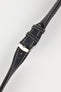Navy blue leather watch strap with cream contrast stitching and a polished stainless steel buckle, displayed on a white background.