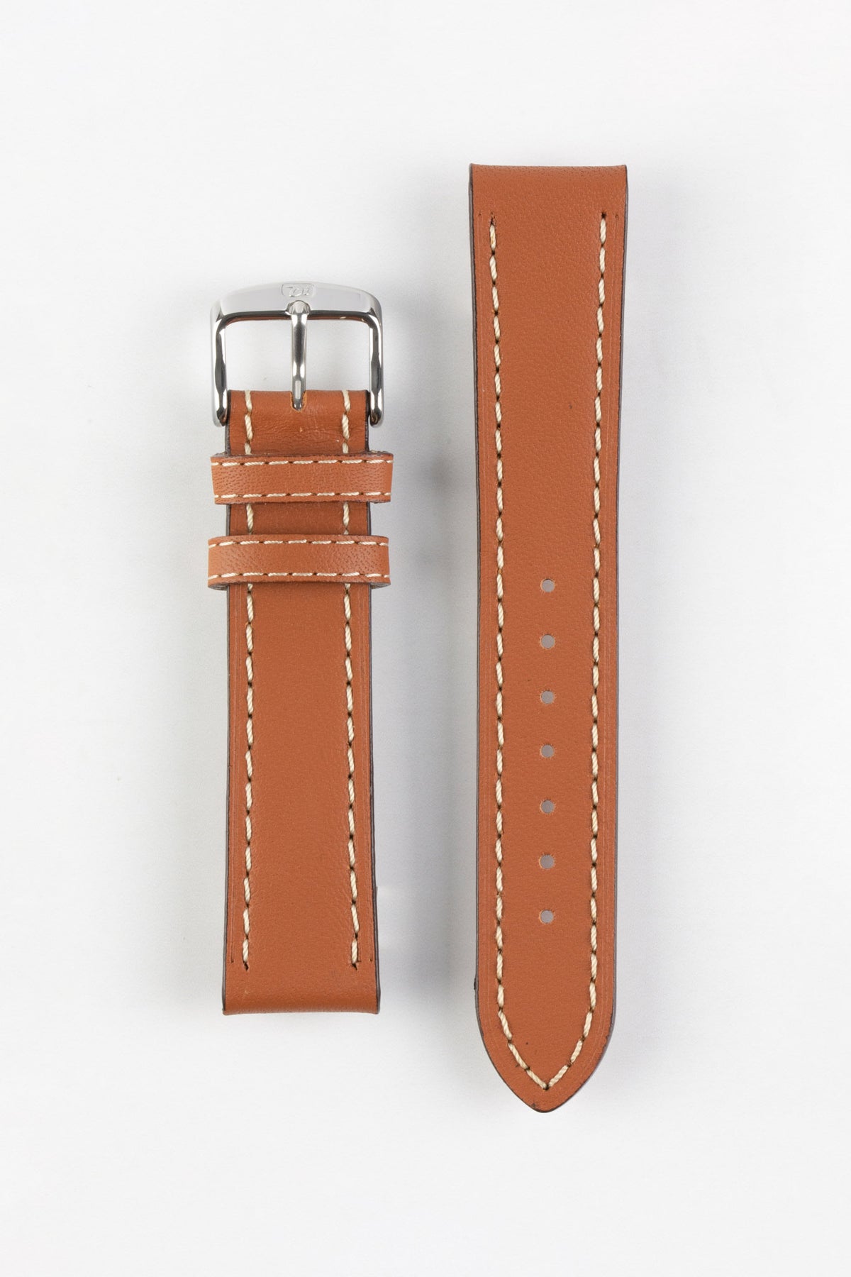 Tan leather watch strap with cream contrast stitching and a polished stainless steel buckle, displayed on a white background.