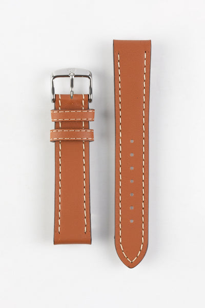 Tan leather watch strap with cream contrast stitching and a polished stainless steel buckle, displayed on a white background.