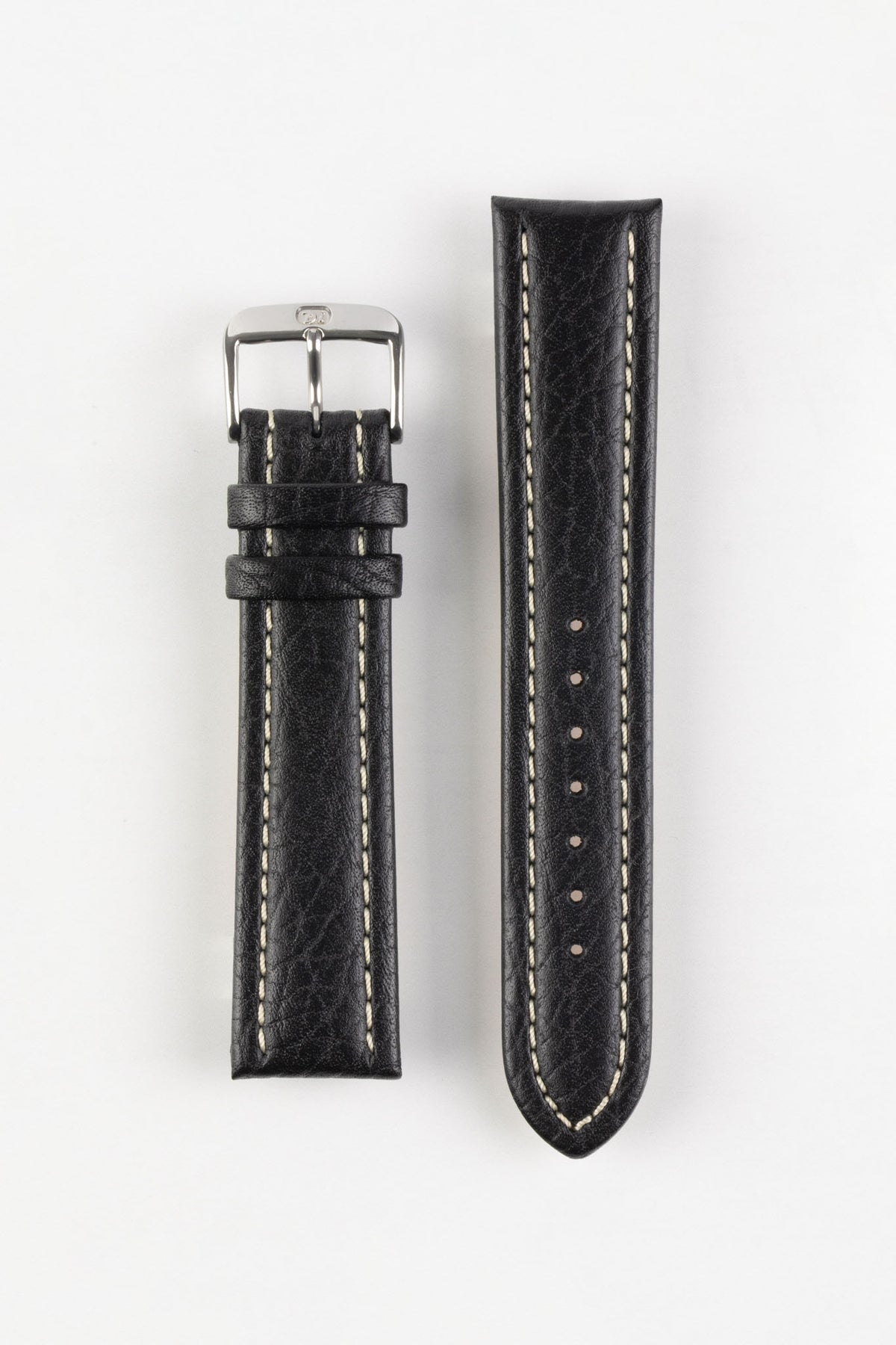Black vintage-style leather watch strap with cream contrast stitching and a polished stainless steel buckle, displayed on a white background.