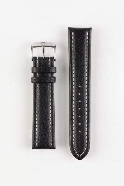 Black vintage-style leather watch strap with cream contrast stitching and a polished stainless steel buckle, displayed on a white background.