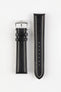 Black vintage-style leather watch strap with cream contrast stitching and a polished stainless steel buckle, displayed on a white background.