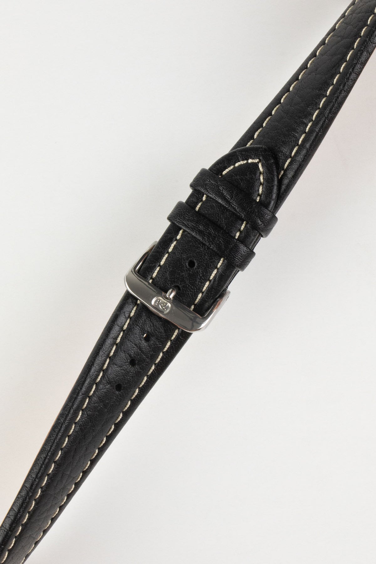 Product photograph of a black vintage-style leather rally watch strap displayed on a white background. The strap features a smooth distressed leather finish, contrasting cream stitching, multiple sizing holes, matching black leather keepers, and a polished stainless steel pin buckle engraved with the manufacturer's logo. The image highlights the strap's padded construction, tapered profile, and classic motorsport-inspired styling.