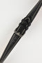Product photograph of a black vintage-style leather rally watch strap displayed on a white background. The strap features a smooth distressed leather finish, contrasting cream stitching, multiple sizing holes, matching black leather keepers, and a polished stainless steel pin buckle engraved with the manufacturer's logo. The image highlights the strap's padded construction, tapered profile, and classic motorsport-inspired styling.