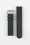 Two-piece dark navy nubuck leather watch strap with a soft matte finish, tonal stitching, rounded tip, multiple adjustment holes, dual keeper loops, and a brushed stainless steel buckle, displayed flat on a light grey background to showcase the minimalist design, supple suede-like texture, and premium handcrafted construction.