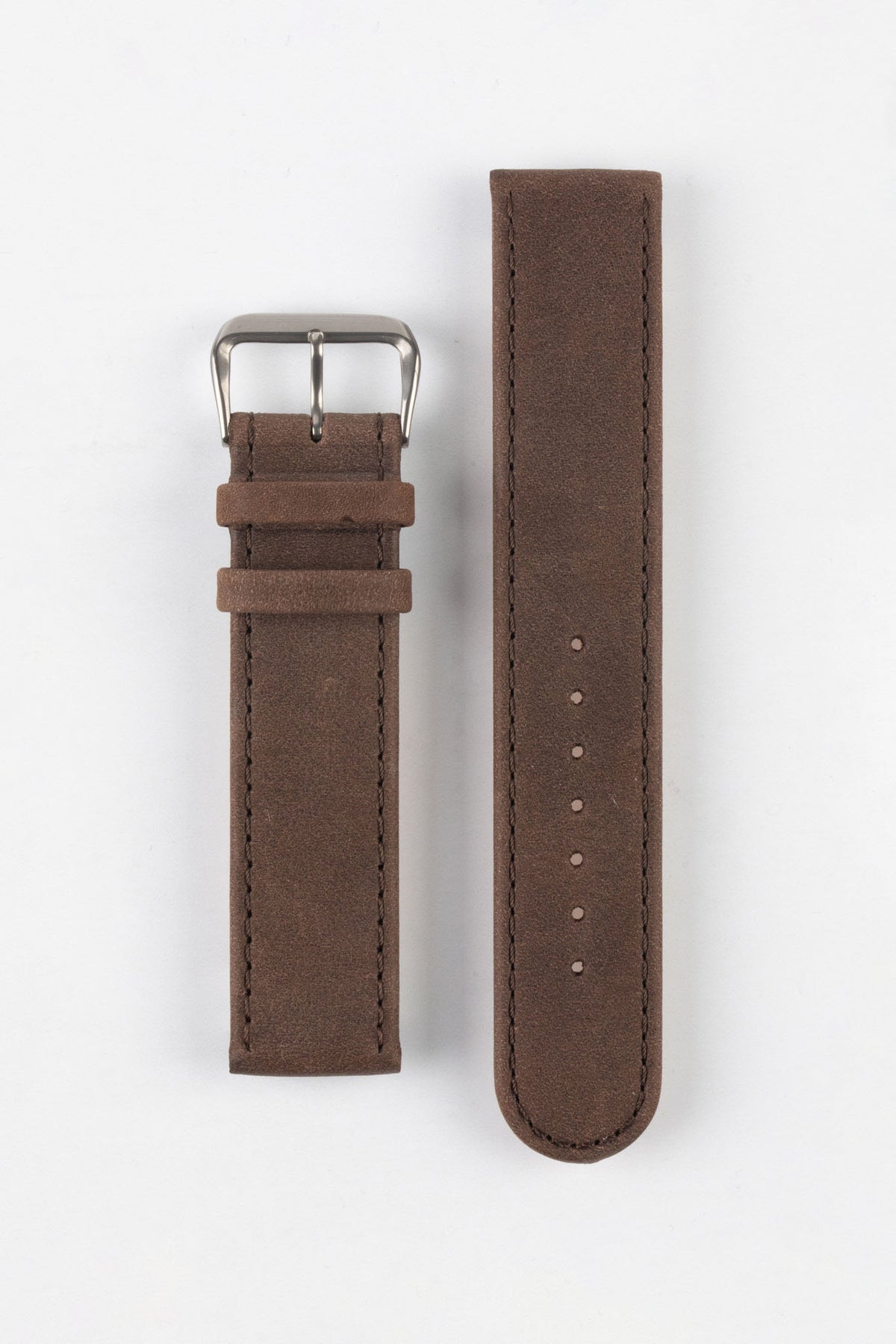 Two-piece dark brown nubuck leather watch strap with a soft matte finish, tonal brown stitching, rounded tip, multiple adjustment holes, dual keeper loops, and a brushed stainless steel buckle, displayed flat on a light grey background to showcase the rich vintage-inspired colour, supple suede-like texture, and premium handcrafted construction.