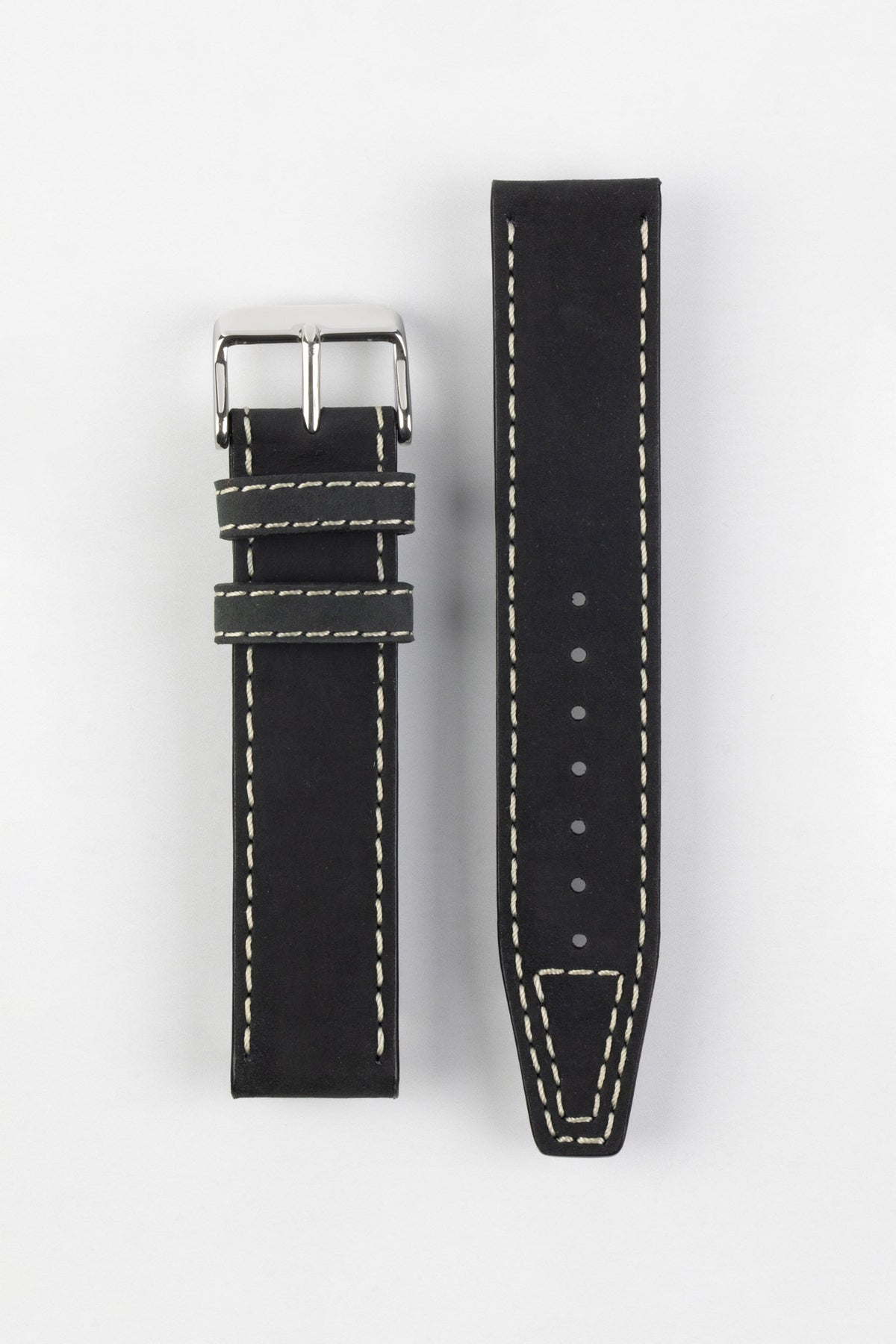 Two-piece black leather watch strap with a smooth matte finish, contrasting cream stitching, tapered profile, pointed tip, multiple adjustment holes, dual keeper loops, and a polished stainless steel buckle, displayed flat on a light grey background to showcase the clean vintage-inspired design and premium handcrafted construction.