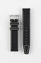 Two-piece black leather watch strap with a smooth matte finish, contrasting cream stitching, tapered profile, pointed tip, multiple adjustment holes, dual keeper loops, and a polished stainless steel buckle, displayed flat on a light grey background to showcase the clean vintage-inspired design and premium handcrafted construction.