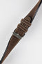 Close-up of a dark brown leather watch strap with a smooth vintage-style finish, cream contrast stitching, tapered pointed tip, dual keeper loops, multiple adjustment holes, and a polished stainless steel buckle, displayed diagonally on a light grey background to highlight the rich leather patina, premium handcrafted construction, and classic heritage-inspired design.