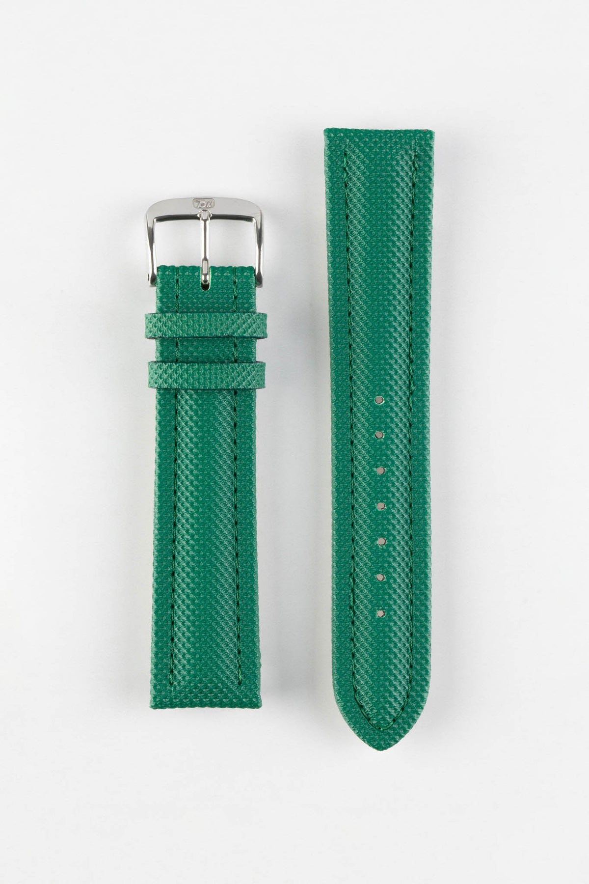 Green textured leather watch strap with matching green stitching and a polished stainless steel buckle, displayed on a white background.