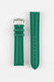 Green textured leather watch strap with matching green stitching and a polished stainless steel buckle, displayed on a white background.