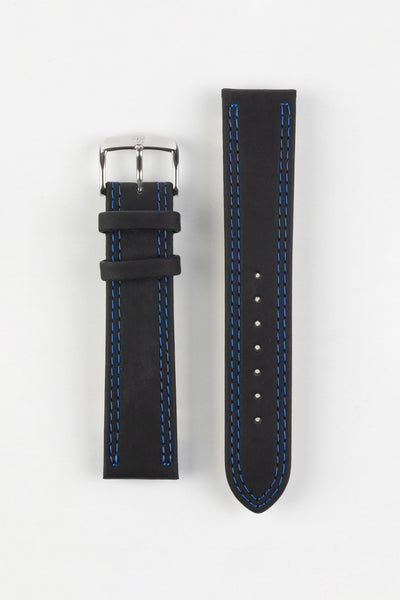 Di-Modell COLORADO Rubber-Coated Leather Watch Strap in BLACK with BLUE Stitch