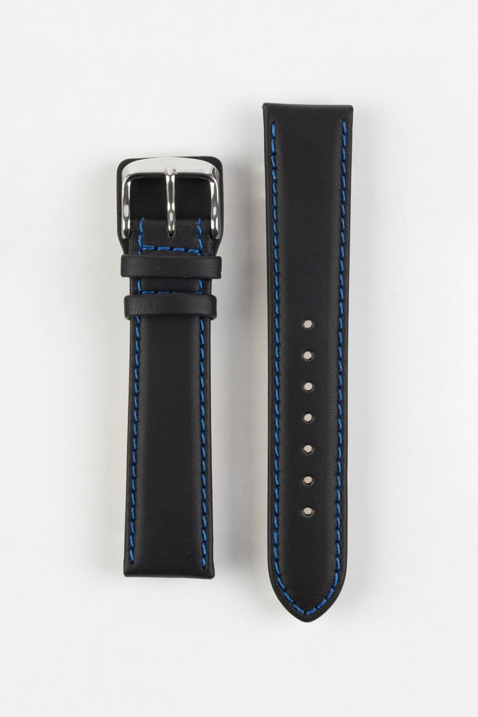 Di-Modell DENVER Calf Leather Watch Strap in BLACK With BLUE Stitching