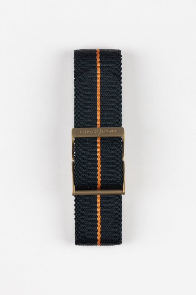 ELLIOT BROWN Webbing Watch Strap in BLACK with BURNT ORANGE Stripe and BRONZE PVD Buckle