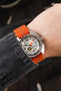Doxa SUB 300 Searambler Silver Lung Limited Edition fitted with Erika's Originals Orange MN watch strap with dark grey centerline on wrist