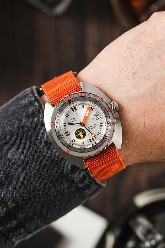 Doxa SUB 300 Searambler Silver Lung Limited Edition fitted with Erika's Originals Orange MN watch strap in full orange on wrist