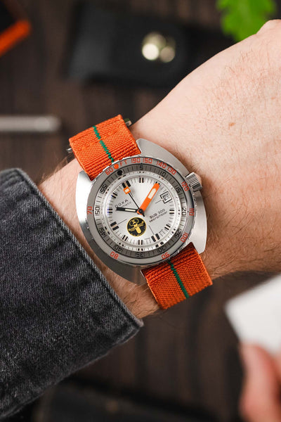 Doxa SUB 300 Searambler Silver Lung Limited Edition fitted with Erika's Originals Orange MN watch strap with green centerline on wrist