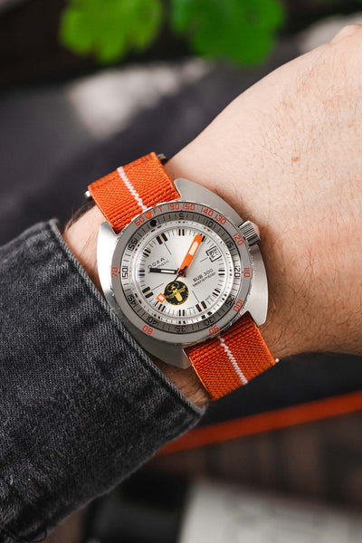 Doxa SUB 300 Searambler Silver Lung Limited Edition fitted with Erika's Originals Orange MN watch strap with white centerline on wrist