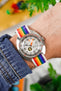 Doxa SUB 300 Searambler Silver Lung Limited Edition fitted with Erika's Original Rainbow MN watch strap on wrist