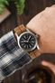 Hamilton Khaki Field black dial watch fitted to an Erikas Originals SAHARA MN watch strap with Red Stripe centerline on wrist