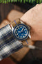 Unimatic U1-MLM Blue Dial watch fitted with Erika's Originals Sahara MN watch strap with royal blue centerline worn on wrist