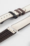 Beige textile-effect watch strap with brown rubber backing and a black deployment clasp, shown in separate sections on a white background. Features a woven-look surface, brown edges, and a patterned rubber underside.