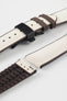 Beige textile-effect watch strap with brown rubber backing and a black deployment clasp, shown in separate sections on a white background. Features a woven-look surface, brown edges, and a patterned rubber underside.
