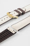 Beige textile-effect watch strap with brown rubber backing and a gold-tone buckle, shown in separate sections on a white background. Features a woven-look surface, brown edges, and a patterned rubber underside.