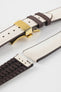 Beige textile-effect watch strap with brown rubber backing and a gold-tone deployment clasp, shown in separate sections on a white background. Features a woven-look surface, brown edges, and a patterned rubber underside.