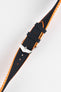 Black textile-effect watch strap with bright orange rubber backing and a silver-tone buckle, displayed on a white background. Features a textured woven-look surface, orange edges, and multiple adjustment holes.