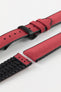 A burgundy Hirsch Arne Animal-Free Sailcloth Effect Performance Watch Strap is displayed on a white background, showcasing the strap's full length and a matte black sport deployment clasp. The textured sailcloth-like material of the strap is also clearly visible, along with the black rubberized underside.
