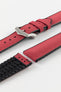 A burgundy Hirsch Arne Animal-Free Sailcloth Effect Performance Watch Strap is displayed on a white background, showcasing the strap's full length and a brushed steel pin buckle. The textured sailcloth-like material of the strap is also clearly visible, along with the black rubberized underside.