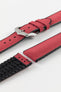 A burgundy Hirsch Arne Animal-Free Sailcloth Effect Performance Watch Strap is displayed on a white background, showcasing the strap's full length and a polished steel pin buckle. The textured sailcloth-like material of the strap is also clearly visible, along with the black rubberized underside.
