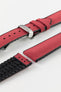 A burgundy Hirsch Arne Animal-Free Sailcloth Effect Performance Watch Strap is displayed on a white background, showcasing the strap's full length and a polished silver deployment clasp. The textured sailcloth-like material of the strap is also clearly visible, along with the black rubberized underside.