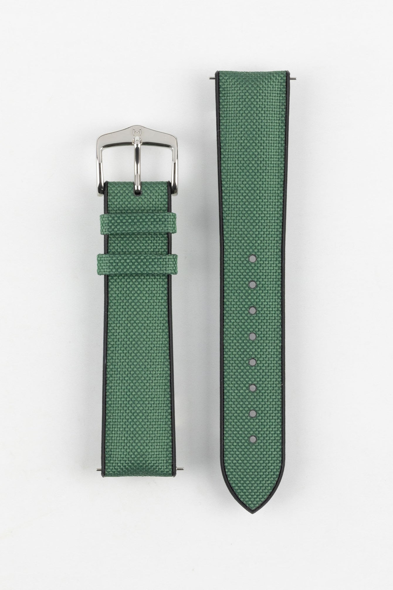 A Hirsch Arne Dark Green Animal-Free Sailcloth Effect Performance Watch Strap is displayed on a white background, showcasing the strap's full length and a silver pin buckle. The textured sailcloth-like material of the dark green strap is clearly visible, along with the black rubberized underside.