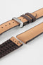 Golden brown textile-effect watch strap with brown rubber backing and a silver-tone deployment clasp, shown in separate sections on a white background. Features a woven-look surface, brown edges, and a patterned rubber underside.