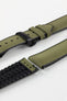 A detailed, slightly angled shot of a dark green Hirsch Arne Performance Watch Strap, laid in two pieces on a white background, highlighting its woven green upper, black ribbed underside, and a black clasp.