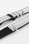 A detailed, slightly angled shot of a light grey Hirsch Arne Performance Watch Strap, laid in two pieces on a white background, highlighting its woven grey upper, black ribbed underside, and a black deployment clasp.