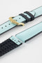 Ice blue textile-effect watch strap with black rubber backing and a gold-tone buckle, shown in separate sections on a white background. Features a woven-look surface, black edges, and a patterned rubber underside.