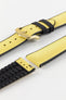 Detailed view of a Hirsch Arne watch strap, featuring a bright yellow sailcloth-textured surface with black leather accents and a gold pin buckle. The strap is partially detached, showing the pin mechanism.