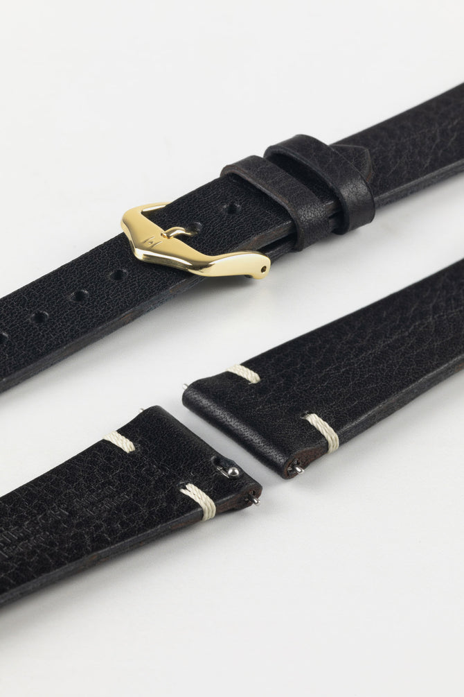 Gold tone buckle option for black Hirsch Bagnore vintage leather two-stitch watch strap.