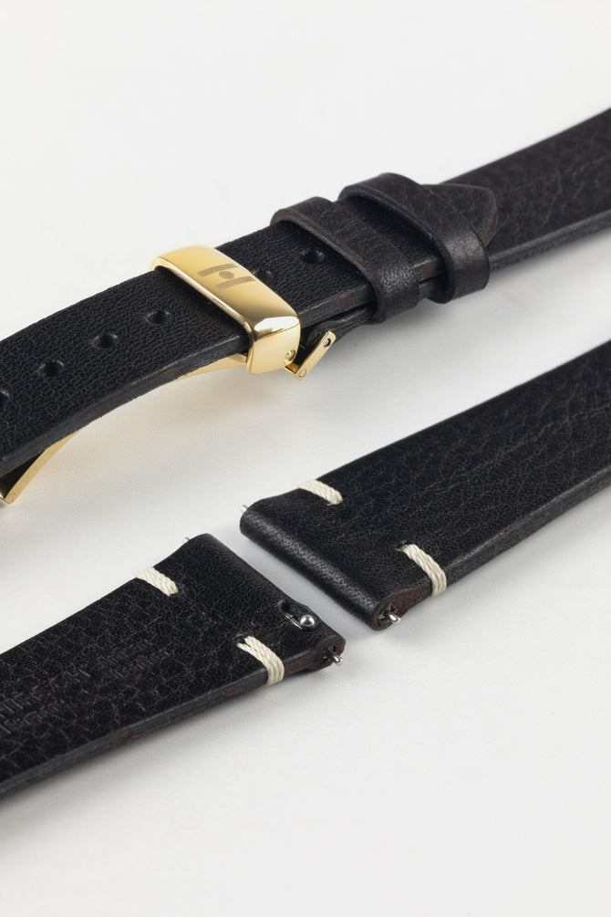 Gold tone deployant clasp option for Hirsch Bagnore vintage leather two-stitch watch strap.