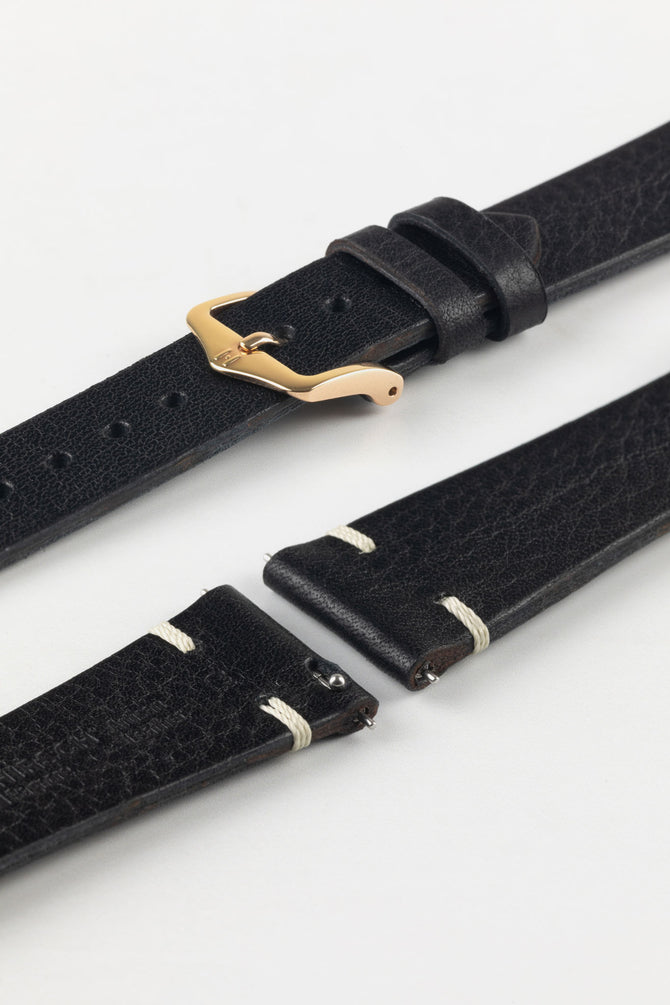 Rose Gold tone pin buckle option for black Hirsch Bagnore vintage leather two-stitch watch strap.