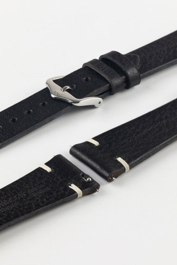 Polished pin buckle option for black Hirsch Bagnore vintage leather two-stitch watch strap.