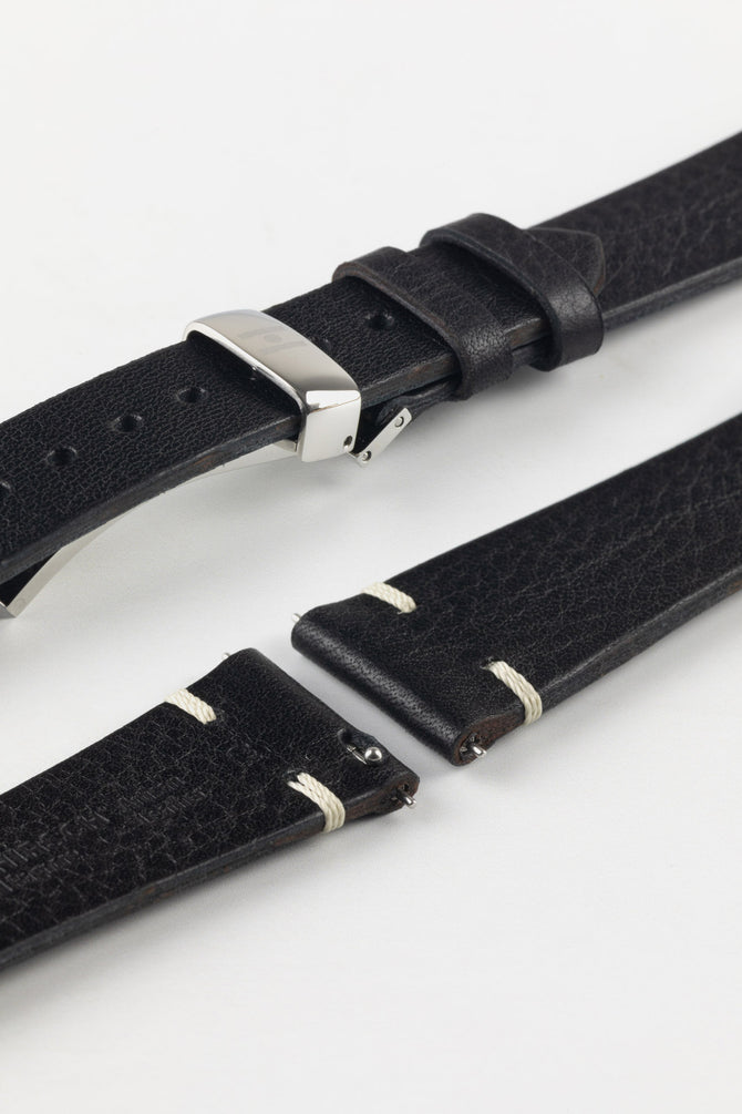 Polished sport deployant clasp option for Hirsch Bagnore vintage leather two-stitch watch strap.