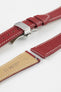 Burgundy leather watch strap with a stainless steel deployant clasp, shown with a beige leather underside and white contrast stitching.