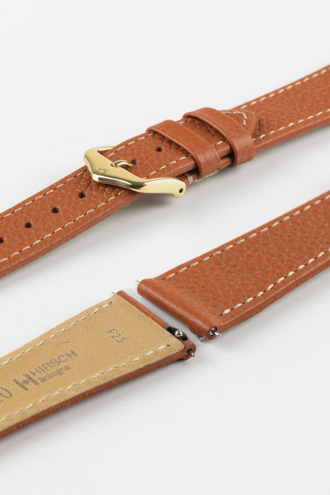 Quick release of gold brown hirsch bologna watch strap and polished gold embossed buckle