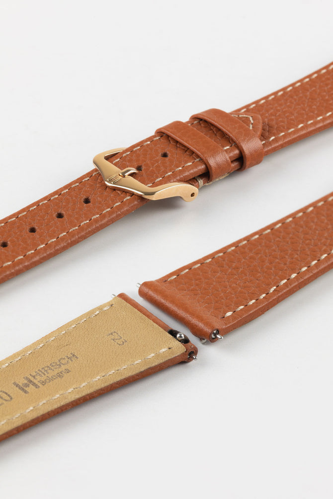 Quick release of gold brown hirsch bologna watch strap and polished rose gold embossed buckle